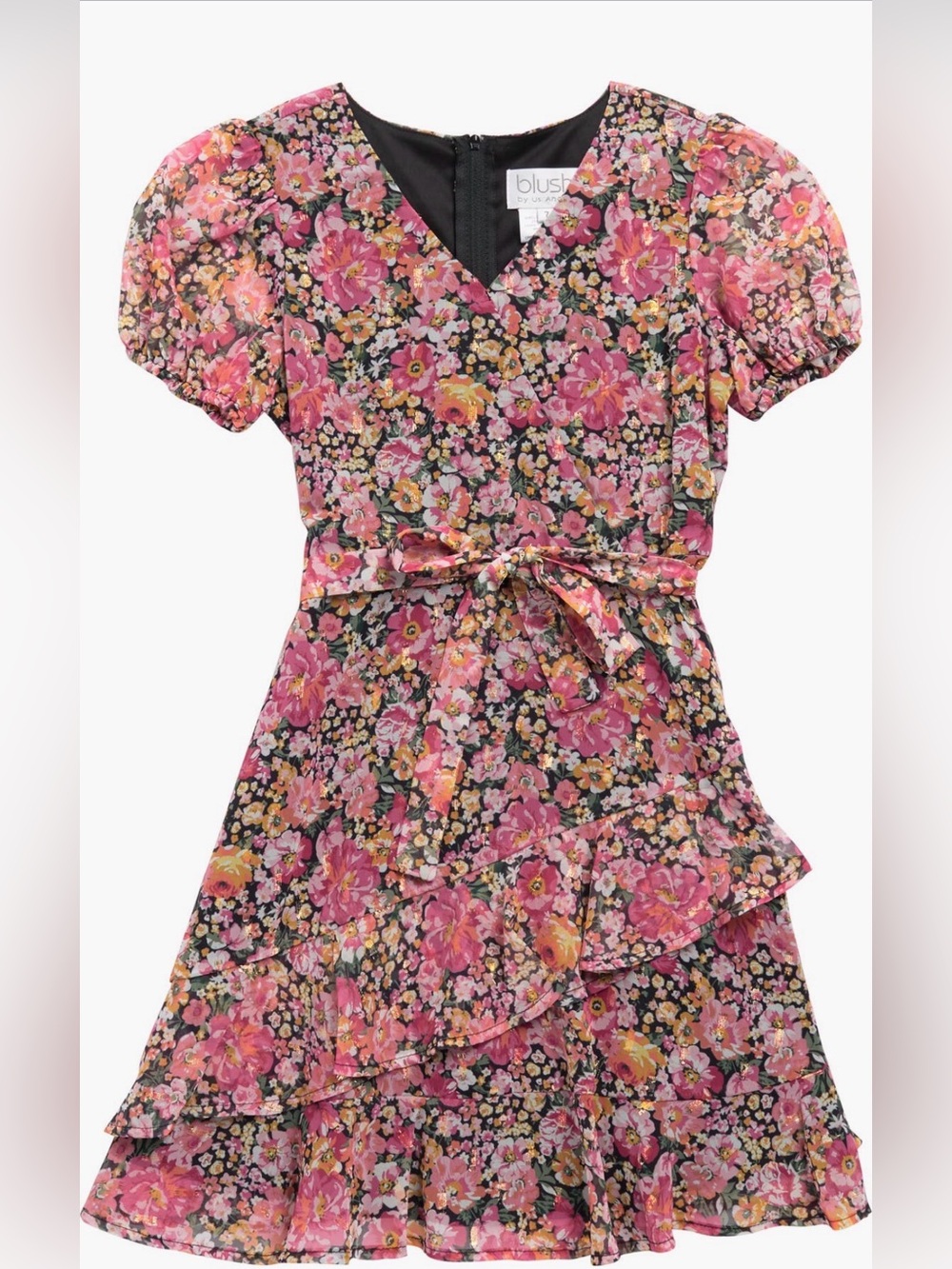 Blush by US Angels Floral V-Neck Puff Sleeve Wrap Dress - Pink Multi
